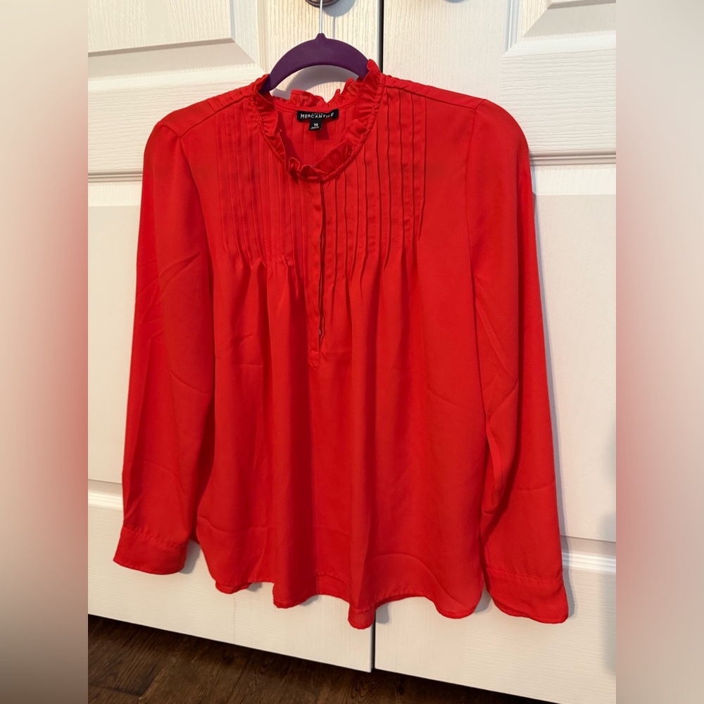J Crew Mercantile Ruffle Neck Pleated Red Blouse
